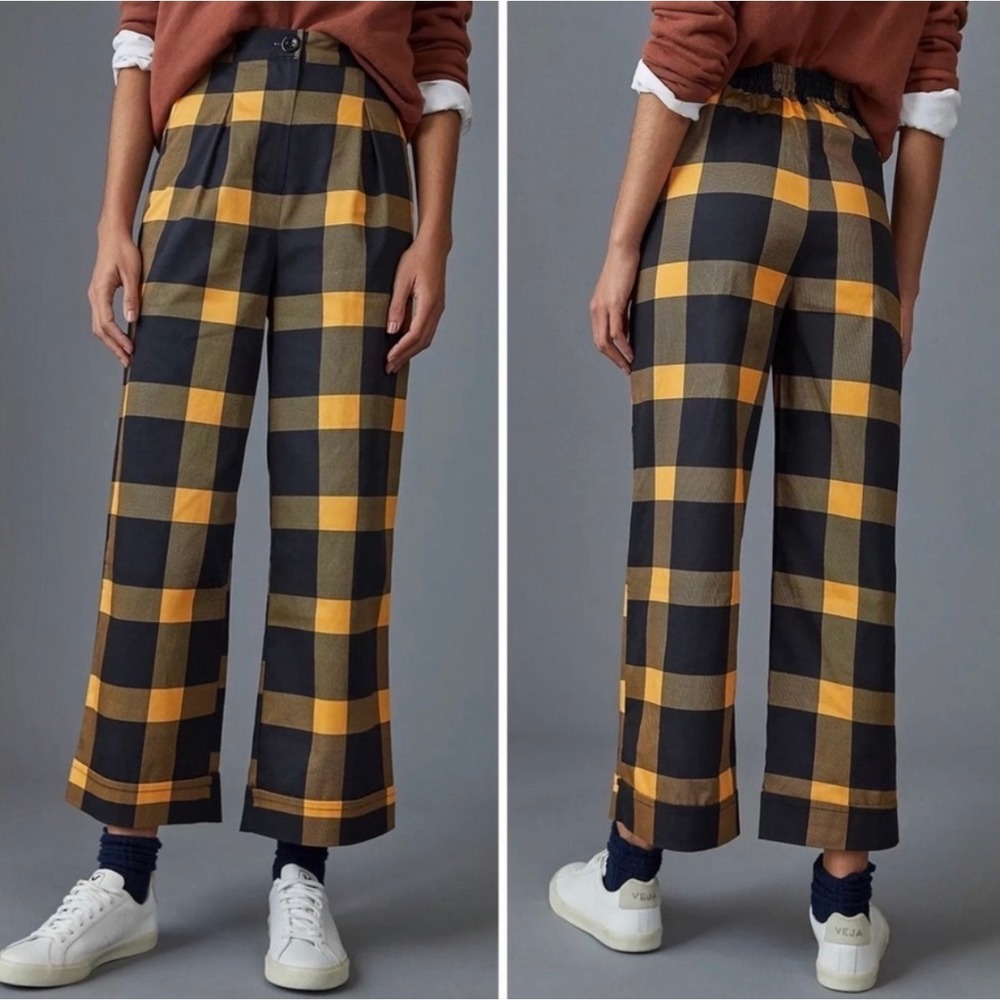 Anthropologie Porridge Cilla Plaid Wide-Leg Cotton Pants Yellow Black Sz XL